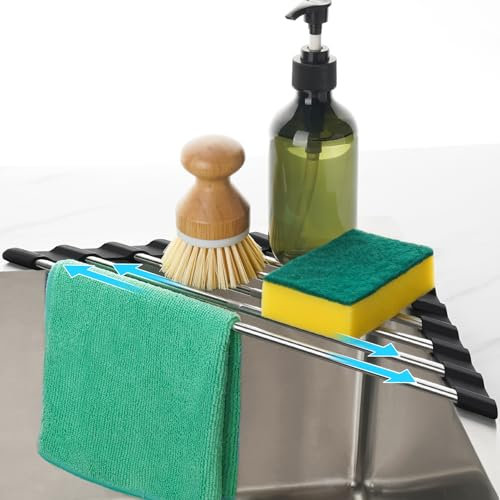 Tomorotec Adjustable Triangle Dish Drying Rack, Foldable Stainless Steel Over The Sink Kitchen Drainer Caddy Organizer Storage Shelf Holder, Corner Sink Caddy, Kitchen Sink Caddy (Black)