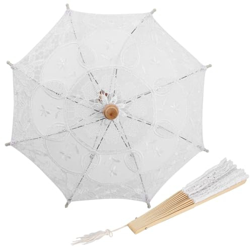 Gsycle Mini Lace Parasol Umbrella, Tiny White Vintage Wedding Bridal Umbrellas Small Photography Prop with Folding Fans for Dollhouse Wedding Table Decoration