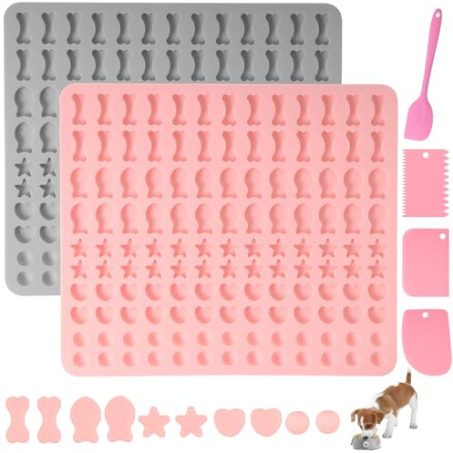 Votoko 2 stycken bakmattor för hundkex, silikon för hundkex, bakform, 5 formar i 1 BPA-fri, bakmattor för hundgodis med degskrapa, bakunderlägg, bakform för gör-det-själv hundkex godis (130 rutnät)