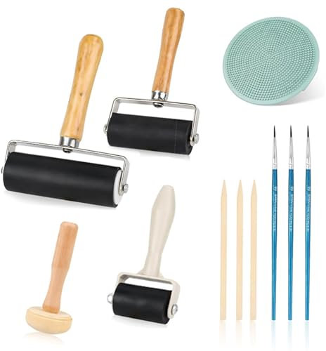 YUDAWN Linoldruck Set, 3 Stück Robuste Andrückrolle Gummiwalze Gummi Brayer Roller mit 1 Pilzwalze 1 Gravur Linolschnitt Werkzeug für Malerei Druck Tinten Tapeten Kunsthandwerk