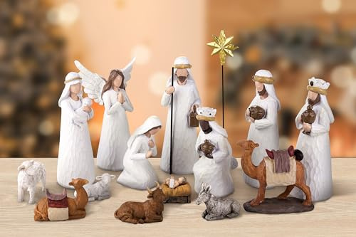 Fovths 16 Pieces Classic Nativity Set Christmas Nativity Stable Starter Figures Resin Decor 7 Inch Holy Family Figurine Set for Christmas Indoor Resin Centerpieces Decor