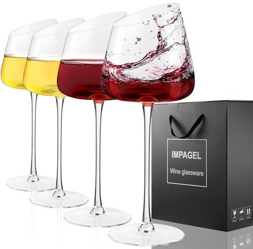 Slanted Red/White Wine Glasses, Crystal, Large, Hand-Blown Set of 4 Modern Long Stem Wine Glasses, Premium Clear Glass with Unique Concave Base, Gift Packaging for Christmas Birthday 18 oz
