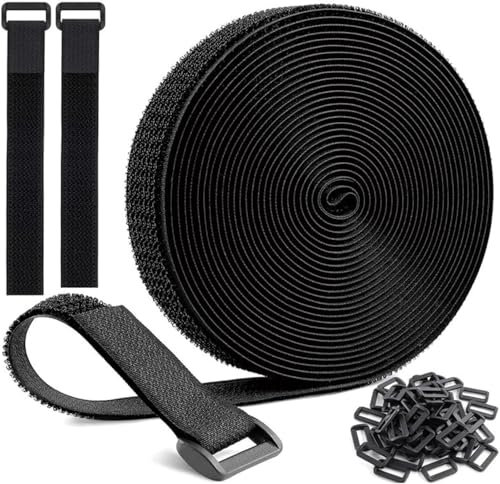 10M Adjustable Cable Straps with 50 Buckles, Reusable Fastening Cable Ties Heavy Duty Nylon Hook and Loop Securing Strap for Organizer or Storage, Black