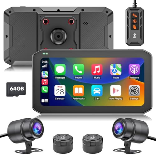 IXROAD Dashcam Motorrad mit CarPlay und Android Auto, 2K Kamera Motorrad Vorne und Hinten, 6,25 Touchscreen mit TPMS, Fernbedienung, 64 GB TF-Karte, GPS Navi