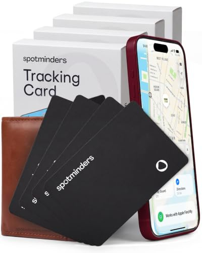 SPOTMINDERS Apple MFi Certified Wallet Tracking Card Black 4-Pack Travel Gifts for Him Works with Apple Find My Rechargeable Tracker IP68 Waterproof 0.07 Slim iPhone Item Finder for Luggage Passport
