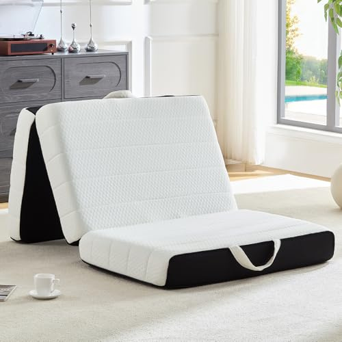 ROXGOX Foldable Mattress, Full Tri-Fold Memory Foam Mattress Topper with Washable Cover, Handle & Non-Slip Bottom, 6 Inch Portable Folding Bed for Guest, Yoga, Living Room, Camping - 73x52x6