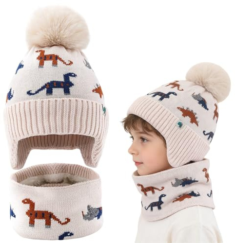 HATFRYF Kids Winter Knitted Hat and Scarf Set, Soft Knitted Baby Hat Winter Warm Boys Girls Beanie Fleece with Dinosaur Pattern for 6 Months - 8 Years Boys Girls Toddler Off-White