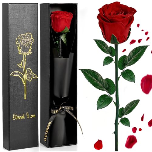 GMUFTIR Rosa Stabilizzata, Rosa Eterna con Steli Regalo di San Valentino, Idee Regalo per Lei, Vera Rosa Rossa, Regali Mamma Moglie Fidanzata Sorella, Festa della Mamma, Anniversario