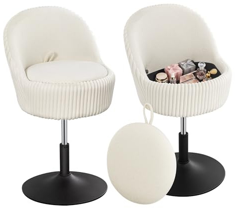 Hzuaneri Taburete Tocador, 48 x 48 x (76-88) cm, Blanquecino | Gira 360°, Altura Regulable, Silla Tocador con Respaldo y Espacio de Almacenamiento, Taburete de Material de Pana, VS32803M