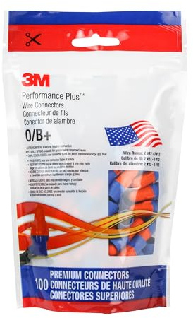 3M Performance Plus Wire Connector, O/B+POUCH, Orange/Blue, Flexible Steel Spring Connectors, Twist On, CSA Certified, UL Listed, Pouch of 100, 22-12 AWG