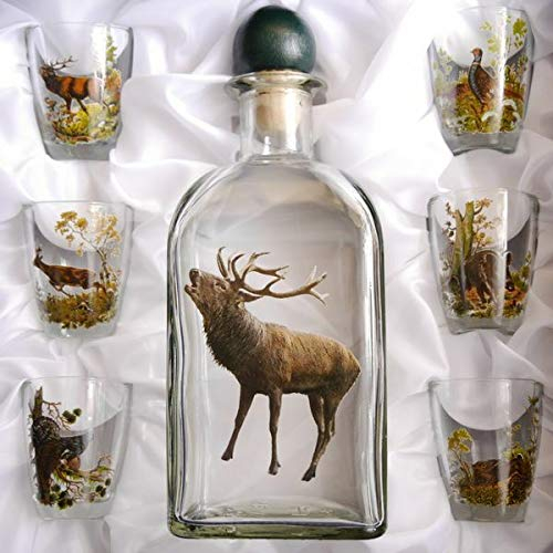 GTK Lot de 7 verres à liqueur + carafe avec décor de chasse, cerf