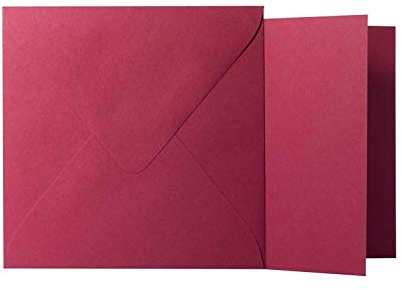 100 Quadratische Bordeaux Briefumschläge 120g von der Größe 17 X 17 cm + Klappkarten 240g von der Größe 16,0 X 16,0 cm, mit dreieckiger Lasche zum Kleben ohne Fenster