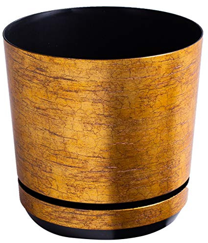 KORAD Vaso da fiori con sottobicchiere integrato - Decoro 014 - oro antico, diametro 26 cm - Vaso per piante in plastica di alta qualità - Pentola di piante decorativo con fori di drenaggio