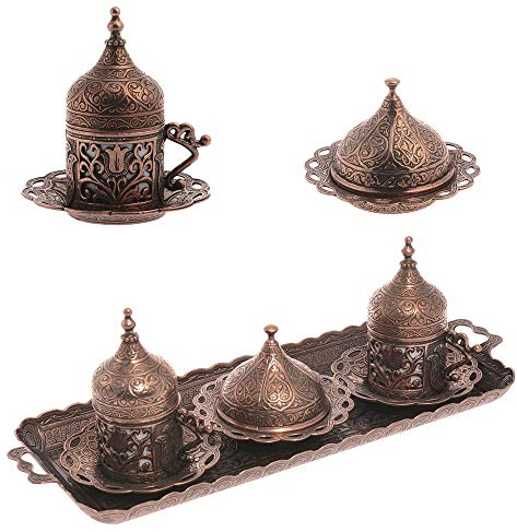 Alisveristime Authentisches türkisches Kaffeetassen-Set: Zamak & Porzellan, Tulpenmotive (2er-Set) (Lale) (Kupfer)