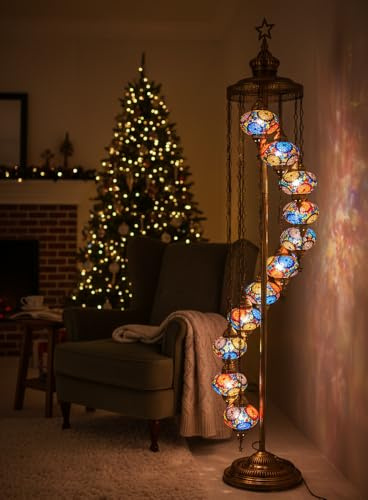 DEMMEX Lampada da Terra Mosaico Turco Marocchino a 11 Sfere, Alta 210 cm, Stile Tiffany Boho Decorativa con Sfere Colorate, Fatta a Mano in Turchia