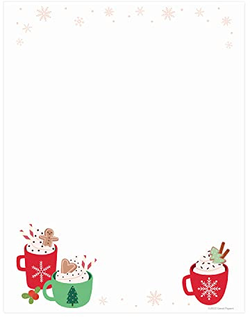 Cozy Cocoa Wishes Holiday Letterhead / 50 Sheets / 8.5 x 11 Gingerbread Cookie And Mug Themed Christmas Paper/Decorative Stationery
