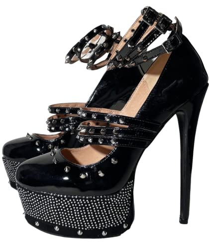 Frankie Hsu Décolleté sexy con plateau e rivetti a spillo, classiche scarpe con tacco alto in ecopelle nera, alla moda, con strass, grandi dimensioni, gemme metalliche, cinturini alla caviglia per