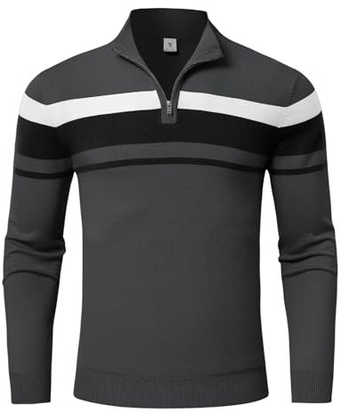 donhobo Pullover für Herren Quarter Zip Up Casual Gestreifte Pullover Polo Sweaters Herbst Winter Sweatshirts Leichtes Lässiger Strickpullover, Dunkelgrau, L