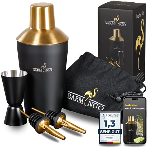 BARMINGO Cocktail Shaker Set [1,3 - SEHR GUT] - 500ml Edelstahl Cocktailshaker mit Bar Zubehör, Cocktail Set | Bar Set | Barkeeper Set | Cocktail Mix Set | Bar Geschenkset | Schwarz & Gold