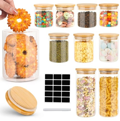 Cinnani 10 Barattoli di Cucina in Vetro con Coperchio in Bambù,Contenitori Vetro di Borosilicato,Vasetti Cucina per Alimenti,Barattoli di vetro per conservazione,Contenitore per Spaghetti, Cereali