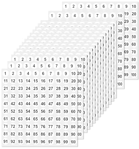 50 fogli adesivi numeri 1-100, etichette in vinile con numeri continui, autoadesive, 1 cm, rotonde per casa, ufficio, scuola