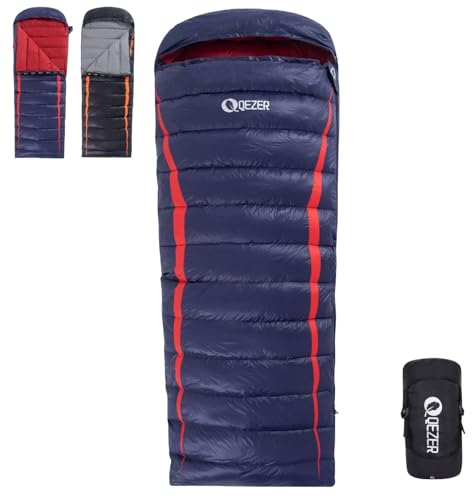 QEZER Daunenschlafsack Ultraleicht Schalfack kleines Packmaß mit Premium Daunen 8°C bis -3°C für Erwachsener und Kind Camping Wandern und Trekking Outdoor 4 Jahreszeiten (Blue-UK), Qde-yd600