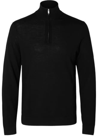 Selected Homme Pull à Demi-Fermeture éclair 100% Laine mérinos Black M Black M