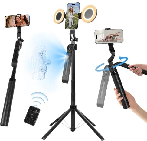 Trípode de seguimiento facial automático de 71 pulgadas, rotación de 360° con soporte y luz, soporte para cámara de teléfono con control remoto y gestos, palo selfie extensible para