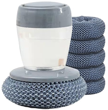 6 Piezas Cepillo con Dispensador de Jabón, Cepillo Fregar Platos, Cepillo para Fregar Platos, Cepillo de Cocina con Soporte, 5 Bolas de Acero Intercambiables, para Fregar Platos (Pet)