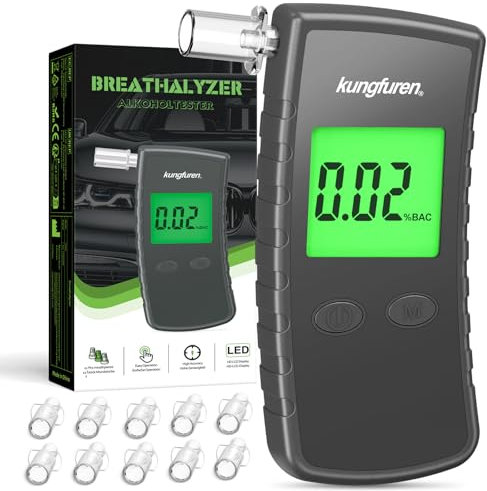 kungfuren Alkoholtester Polizeigenau Alkohol Tester Promillemessgerät: Promilletester Alkoholmessgerät mit 11 Mundstücke - Professioneller Alkoholtest mit Digitaler Blauer Großem LCD Display Grau