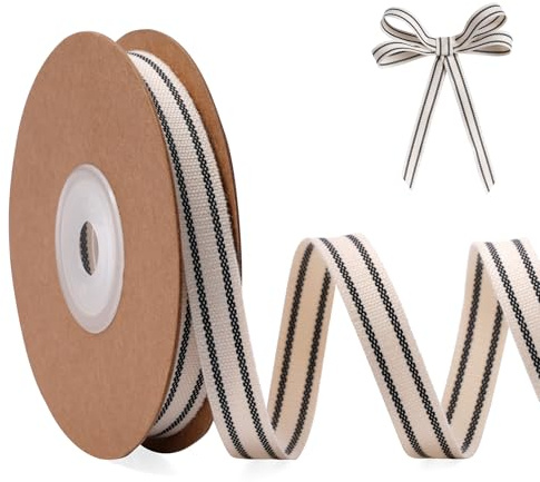 FAKILO Simpatico nastro di cotone per regali, torte, regali, fai da te, nastro divertente con strisce nere, 9,5 cm x 9,1 m