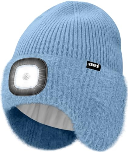 ATNKE LED Luminoso Gorro Sombrero con Orejeras,USB Recargable 4 LED Correr Gorra Manos Libres Lámpara Invierno Cálido Vellón Forrado Punto Beanie Regalos para Hombre y Mujer/Shadow Blue