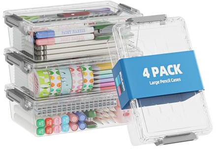 BiuLeon 4 Pack Extra Large Pencil Box, Plastic Pencil Case Organizer, Clear Crayon Box Marker Organizer, Stackable Craft Organizers and Storage for Pen, Craft, Art Supply(Grey)