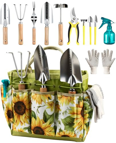 MOSFiATA Kit de Herramientas de Jardinería 12 Piezas, Acero Inoxidable de Uso Pesado con Mango de Madera Antideslizante, Incluye Bolsa Impermeable con Diseño de Girasoles