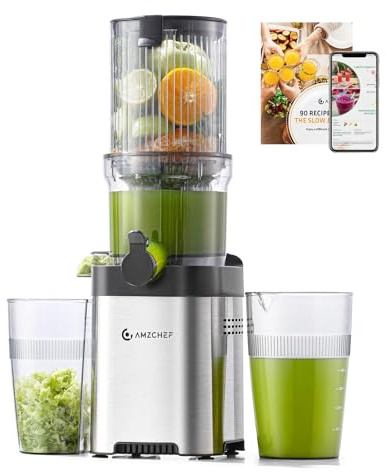 AMZCHEF Entsafter - Slow Juicer mit 120MM Breite und Größere Fütterungsröhre für Ganze Gemüse und Obst - Leicht zu Reinigender Entsafter mit 2 Gläsern - Silbrig
