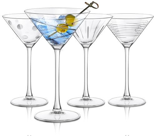 Joeyan 320ml Copas de Martini Grabadas, Juego de 4 Copas de Cóctel de Cristal Soplado a Mano, Copas de Gin Tonic para Espresso Martini, Cosmopolitan y Gimlet,Navideñas Regalos, Apto para lavavajillas