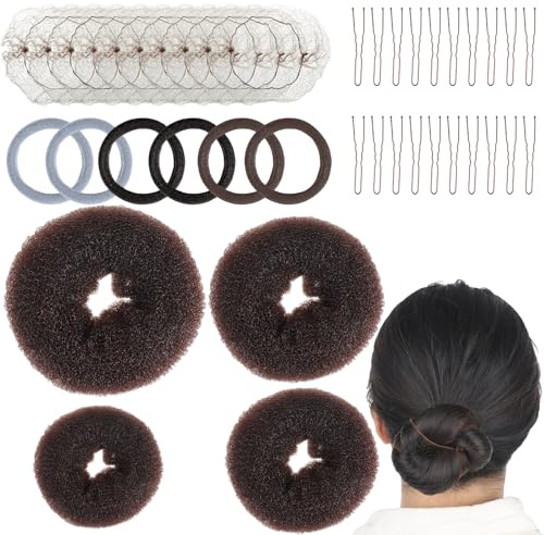 Lot de 40 donuts pour chignon, 4 donuts, 10 filets, 20 pinces à cheveux en forme de U, 6 élastiques pour chignon, accessoires pour coiffure, danseuse, enfants, filles, femmes, marron