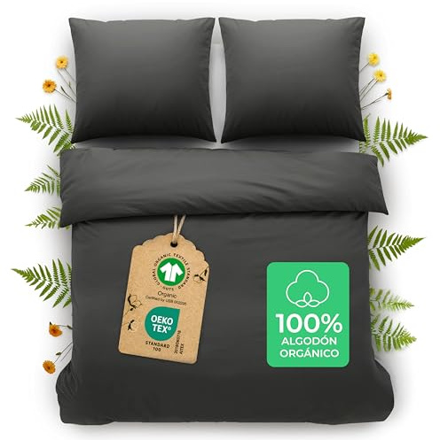 Dreamzie Funda Nordica Cama 200 Algodon Organico, Funda Nordica 240x220cm, Fundas de Almohada 65x65cm (x2), Funda Edredon Ropa de Cama Algodon Percal 180 TC, Certificado Oeko-Tex & Gots, Gris Oscuro