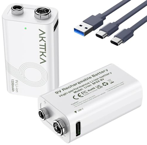 AKTTKA Juego de 2 Baterías de Litio Recargables de 9V 1350mAh, con Cable de Carga Tipo C, Adecuadas para Multímetros Portátiles, Detectores de Metales y Medidores de Línea
