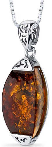 PEORA Genuine Baltic Amber Gallery Drop Pendant Necklace for Women 925 Sterling Silver, Rich Cognac Color, with 18 inch Chain, Real Baltic Amber Necklace for Adults, 100% Natural from Baltic Region