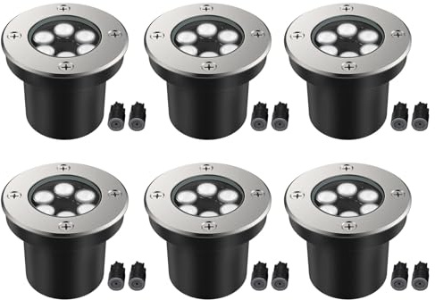 JESLED Landscape Lighting 6W LED Well Lights, 12V 24V Ground Lights 6000K Bright White, IP67 Waterproof Low Voltage Landscape Light Spotlight for Driveway Deck Patio Yard Garden Outdoor (6 Pack)