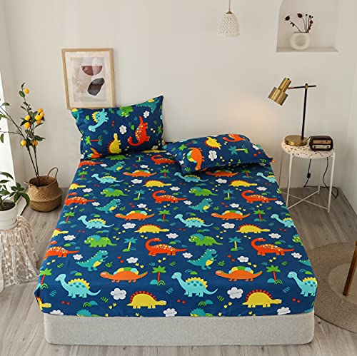 Damier Kinder Spannbettlaken 140x200cm Dinosaurier Muster Spannbetttuch mit Gummizug Jungen Kids Dino Bettlaken geeignet für Matratzen bis 30cm