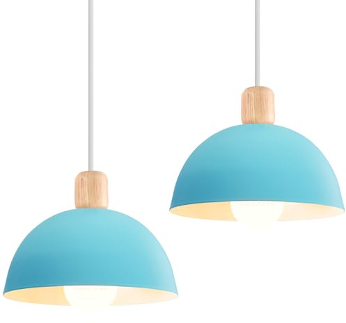 iDEGU 2 Stück Ø20cm Hängelampen Retro E27 LED Hängeleuchte Moderne Skandinavisch Deckenleuchte aus Metall Holz Pendelleuchte für Schlafzimmer Esszimmer Küche Restaurant (Blau, 2 Lampen)