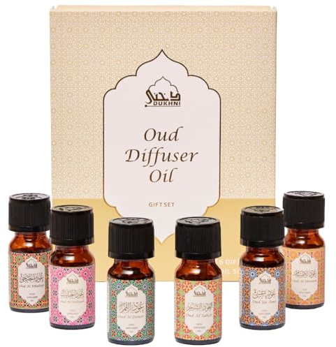 Oud Diffuser Oil, Essential Oil Gift Set by Dukhni | 6 x 10ml Arabic Oil Gift Set for Diffuser & humidifier | 100% Pure Halal Oudh Oils | Relax with Home Aromatherapy, for Relaxation & Massage