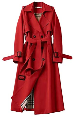 Yesgirl Femme Manteau Jacket Bouton Revers Long Veste Chaud Trenchcoat Manches Longues Cardigan Blazer Manteau OL Vintage Couleur Unie Parka Trench-Coat Automne Et Hiver A Rouge XL