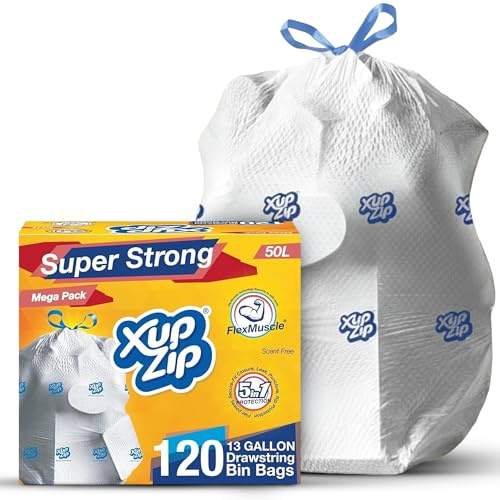 XupZip Drawstring Bin Bags – 50L Heavy-Duty Bin Liners Bags with Secure-Fit Closure – Strong Flex-Power Trash Bag with Leak, Puncture & Rip Protection, 6 Rolls (120 Pcs)
