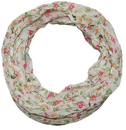 beybey® Damen Seide Loop Schal mit Blumenmuster - Wunderschön und Fein - Seidenschal - Schlauchschal (Weiss)