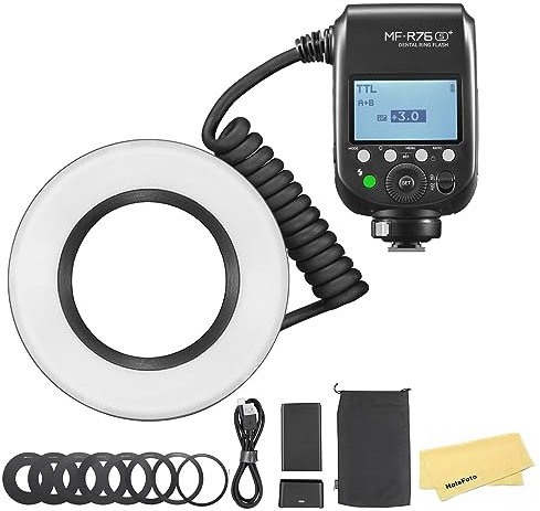 Godox MF-R76S+ Flash Anular Micro TTL para Sony, CCT 5900K±200K, 550 de Máxima Potencia, 76Ws HSS, Tiempo de Reciclado de 0,1-1s, Doble Tubo de Flash,Flash para Sony Caremas,con Anillos Adaptadores 8X