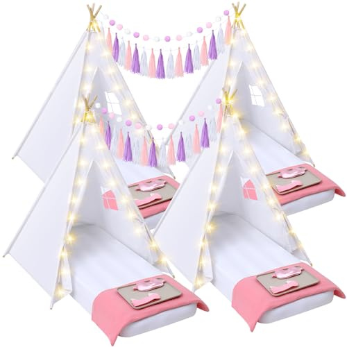 Windyun 4 Pack White Kids Teepee Tent for Slumber Party, Sleepover Party Tent Supplies for Girls with Air Mattress Bedding Fitted Sheet and Lights Toddler Play Indoor Outdoor Teepee for Birthday Gifts