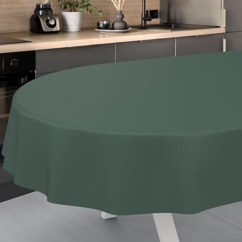 Tovaglia cerata, lavabile, da giardino, per interni ed esterni, ovale, 180 x 140 cm, con bordo tagliato, verde abete